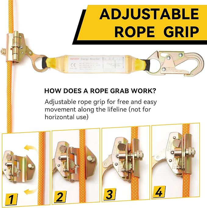 Fall Protection Safety Rope 150FT Roofing Harness Safety Lanyard Tree Climbing Line Kit with Alloy Steel Grab Snap Hooks Shock Absorber Heavy Duty Roof Safety Equipment ANSI CE
