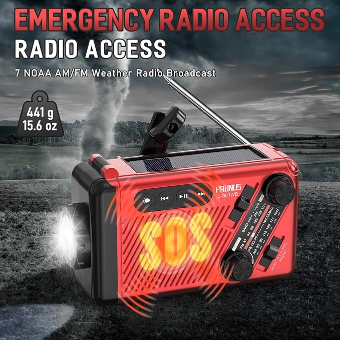 PRUNUS J-361 Emergency Weather Radio, 9250mWh Power Bank,AA Batteries/Hand Crank/Solar/USB Charging, NOAA/AM/FM, LED Flashlight,SOS Alarm & Flashlight, 1 Pack