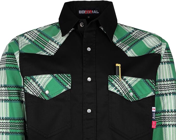 BOCOMAL FR Shirts Pearl Snaps Two Tone Plaid/Solid Flame Resistant Cotton Welding Shirt NFPA 2112 CAT 2