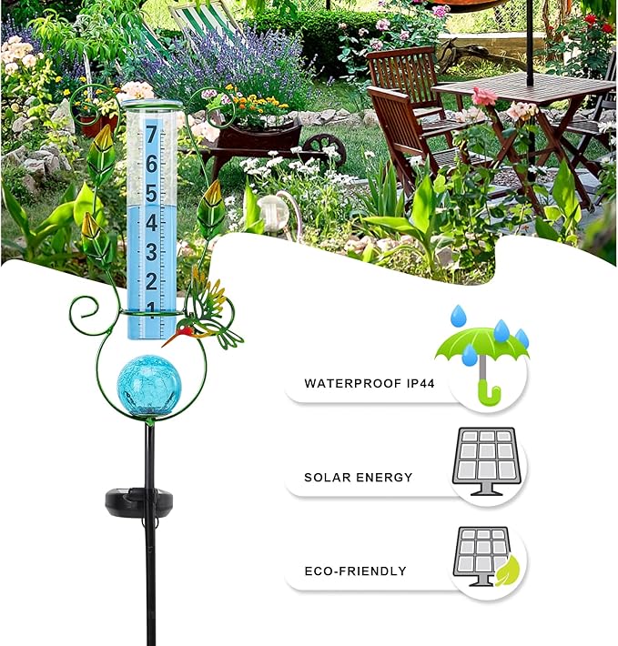 MUMTOP Rain Gauge Outdoor Freeze Proof, 36 Inch Large Number Solar Lights Hummingbird Water Gauge for Lawn, Yard and Garden