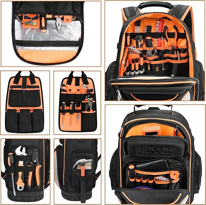 Tool Bag Backpack with 2 Canvas Tool Pouch Tool Kit, 75 Pockets & Loops Heavy Duty Tools Organizer/HVAC Tool Carrier for Eelectrician/Construction Work with Molded Base and Combination Lock, Black