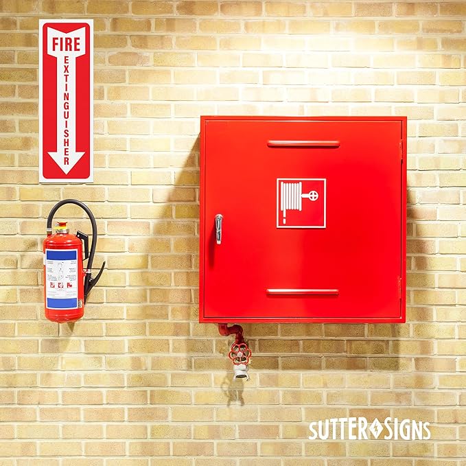 Fire Extinguisher Sign Stickers 12 Pack, 4" x 12" | Arrow Down Safety Decal Sticker Signs in Durable Self Adhesive Weatherproof Vinyl for use in Home, Office, Boat