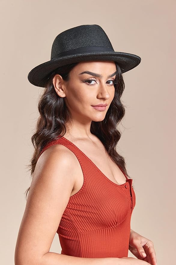 Joywant Womens Straw Fedora Beach Sun Hat, Packable Wide Brim Panama Hat for Women UV UPF50+ Summer Hat