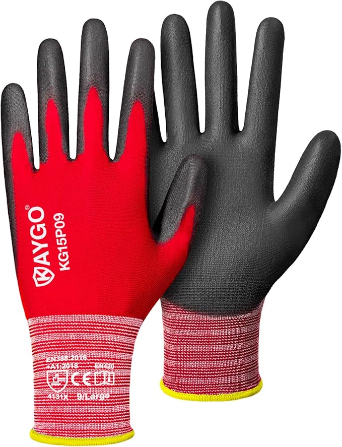 KAYGO Work Gloves PU Coated-12 Pairs, KG15P,Nylon Lite Polyurethane Safety Work Gloves, Gray Polyurethane Coated, Knit Wrist Cuff,Ideal for Light Duty Work (Large, Red)