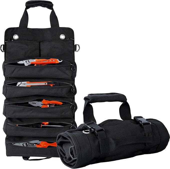 Portable Foldable Roll Up Tool Bag Organizer with 5 Compartments & 2 Detachable Pouches, Heavy Duty Waterproof Tool Pouch Bag for Secure Tool Storage, Tool Roll for Dad Men Electrician Mechanic Gifts