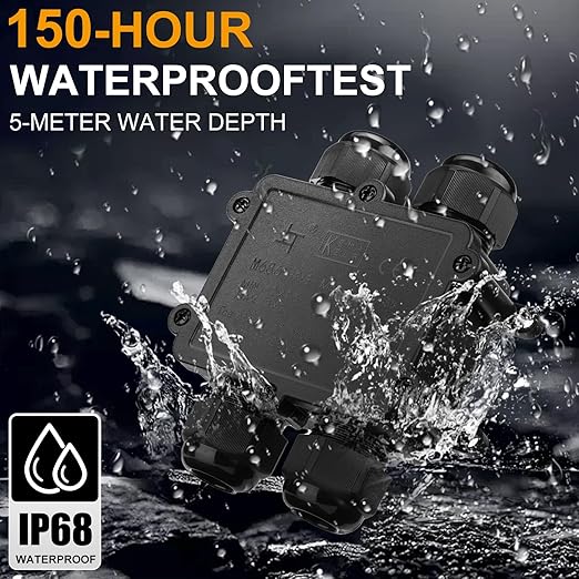 IP68 Waterproof Junction Box Outdoor,4-Way Electrical Junction Box Outdoor with 4 Cable M25 Gland Wire Connector Extension Electrical Cable Protector for Diameter Cable Ø4-14mm Black