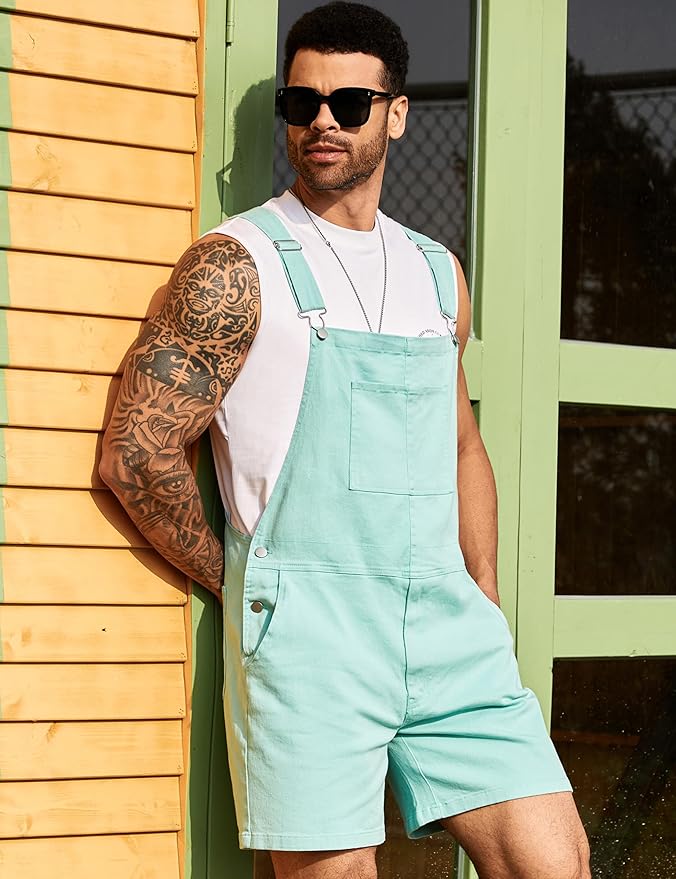 Bindefon Denim Overalls for Men Jean Shorts Jumpsuit Work Bibs Coveralls with Zipper