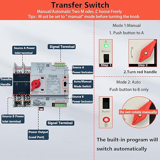 100amp Automatic Generator Transfer Switch 2P 3-Wire 120/240V Automatic/Manual Generator Transfer Switch Ensures Stable Power Transmission, Easy to Use