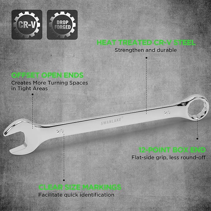 SWANLAKE GARDEN TOOLS 15-Piece Metric Combination Wrench Set, 12-Point Max Torque Open End Wrench Set, Cr-V Steel Wrenches 8, 9, 10, 11, 12, 13, 14, 15, 16, 17, 18, 19, 20, 21, 22mm with Storage Rack