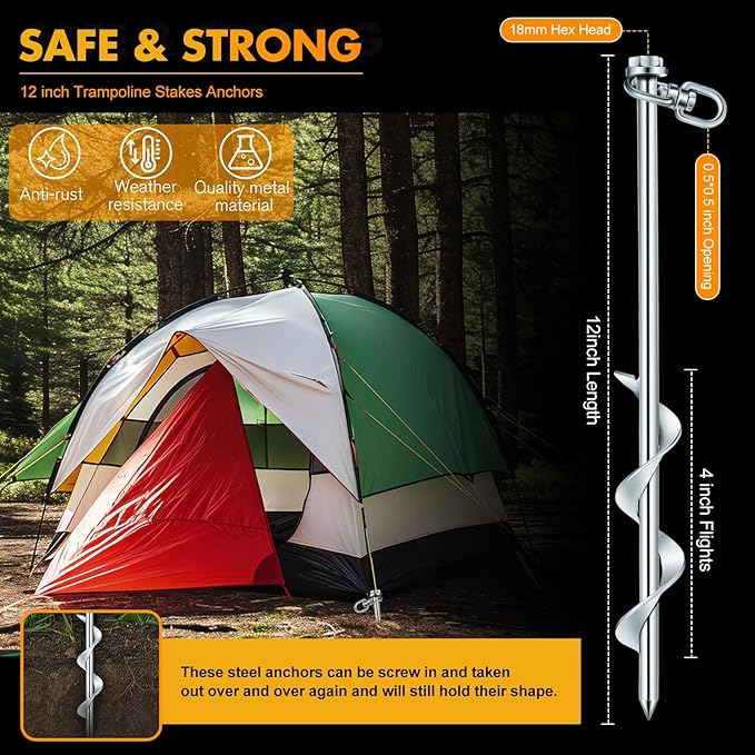 Hiboom 4 Pcs Ground Anchors with T Handle Hex Wrench Trampoline Hook, Ground Anchor Screw in Kit, Inflatable Outdoor Decorations Accessories for Camping Tents Car Ports Canopies (Silver,12 Inch)