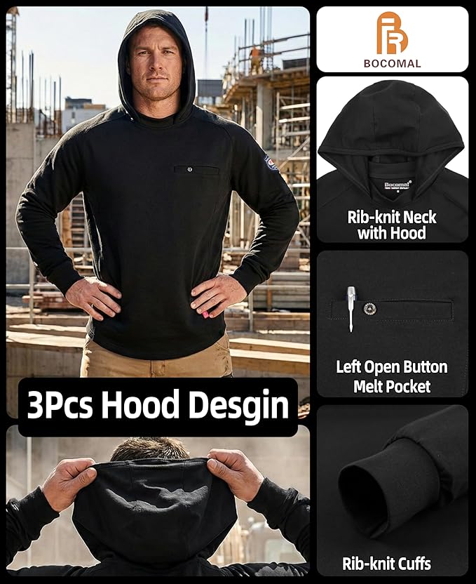 BOCOMAL FR Hooded T Shirts Chest Pocket Fire Resistant Summer Hoodie NFPA2112 CAT2 Flame Retardant FRC Welding Work Shirt