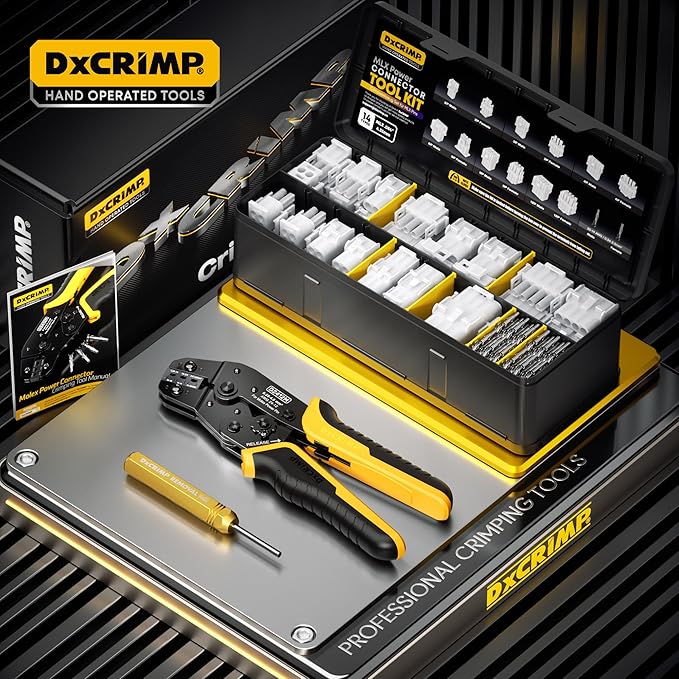 MLX .084" (6.35mm) Connector Crimping Tool Kit with Pin Extractor, 2/3/4/6/9/12 Pin Plug & Receptacle, 14-22 AWG Power Wire Connectors for Arcade/Auto, Compatible with Molex MLX