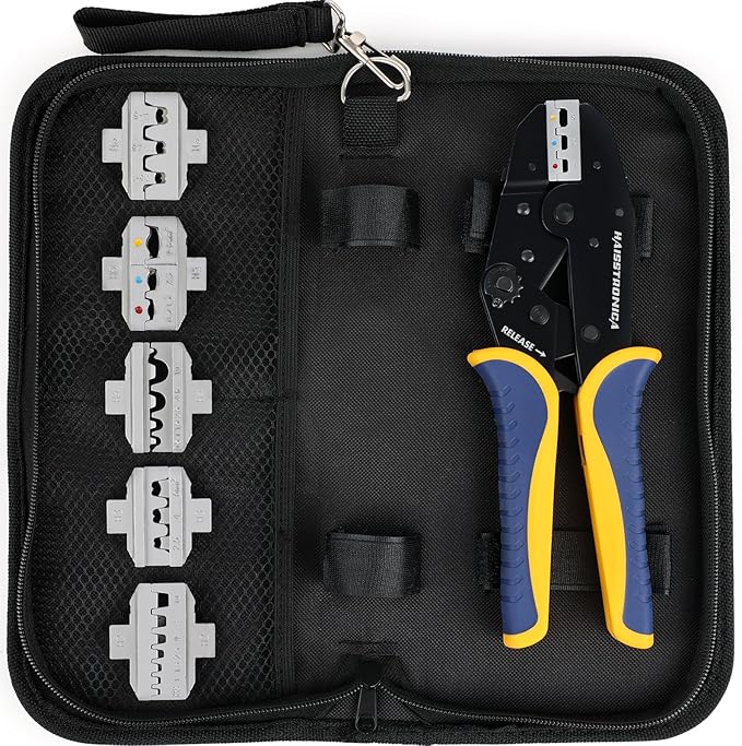 haisstronica 6 in 1 Crimping Tool Kit, Professional Ratchet Wire Crimper with 6 PCS Interchangeable Dies for Heat Shrink, Non-Insulated,Ferrule,Open Barrel,Insulated Connectors, Men Tool Gifts