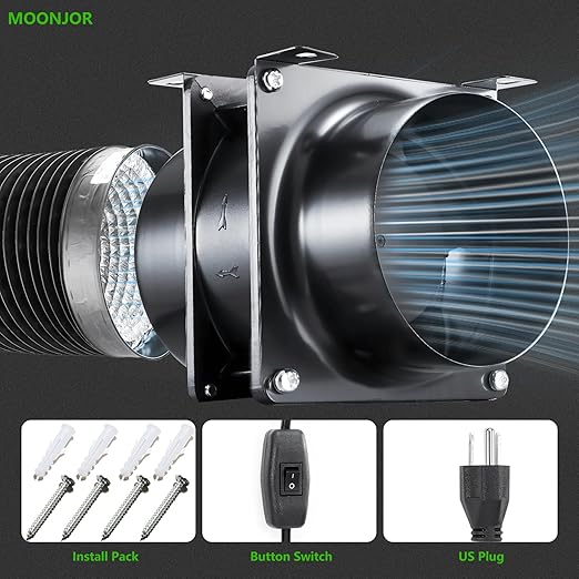 4inch Axial Fan Kit, Exhaust Extractor Blower Ventilation Fan with Button Switch, Dryer Hose for Grow Tent, HVAC, 3D Printer