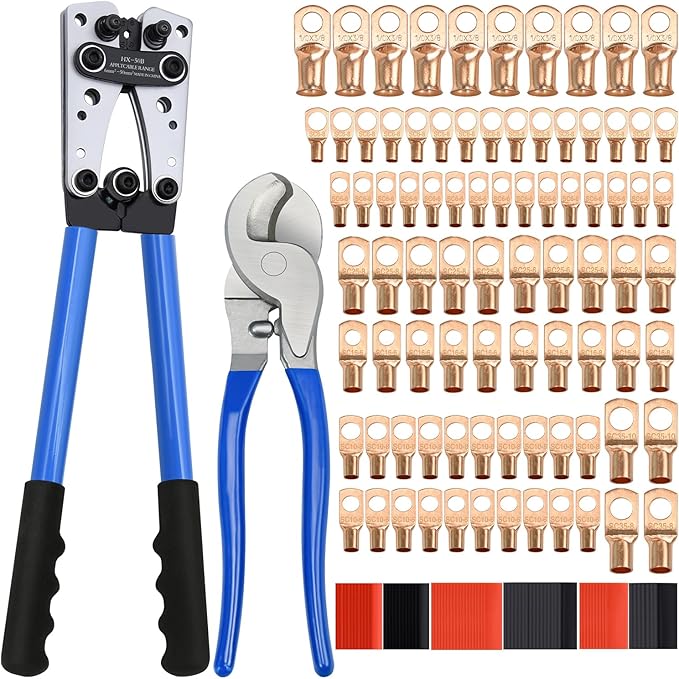 Cable Lug Crimping Tool with 84pcs Copper Wire Lugs, 100pcs Dual Wall Adhesive Heat Shrink Tubing, Wire Crimping Tool for AWG 10-1/0 Electrical Lug Crimper