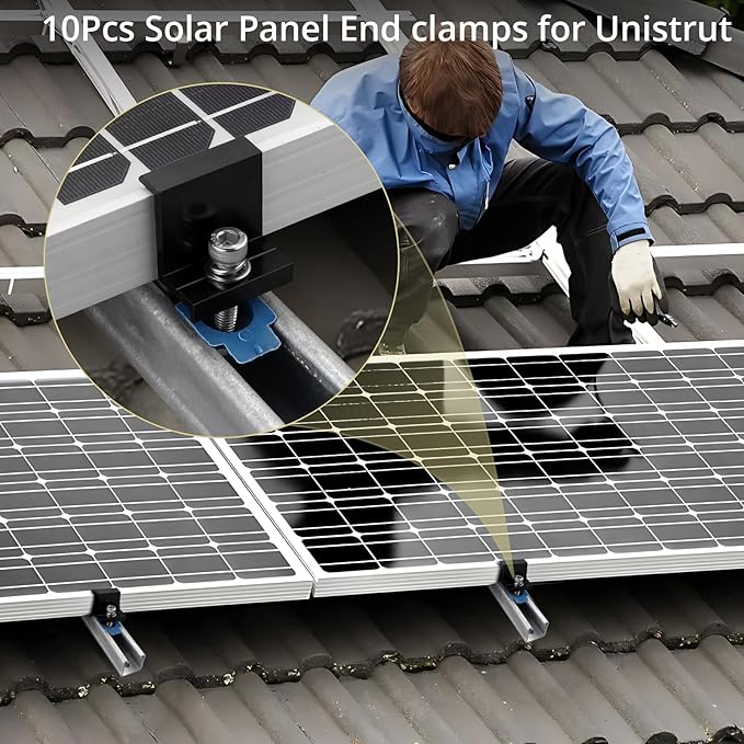 Anbte 10pcs Solar Panel End Clamp for Standard Unistrut, Aluminum 1.57" Solar Panel Brackets with Nuts Bolts, Solar Panel Mounting Kit for Metal Roof, Tin Roof, Flat Roof, Sheet Roof, RV, Black