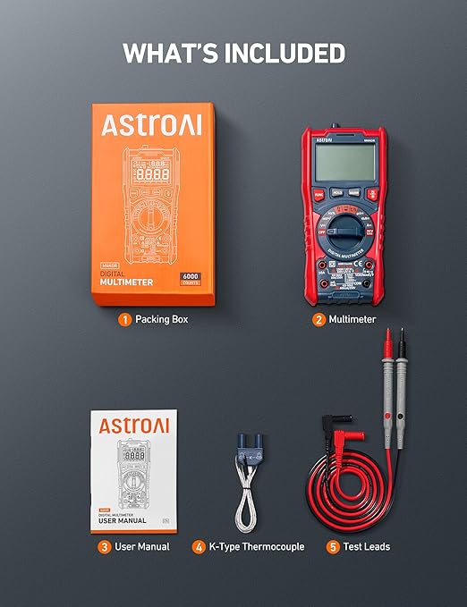 AstroAI Digital Multimeter, TRMS 6000 Counts Auto-Ranging Voltage Tester Voltmeter Measuring AC/DC Voltage Current, Capacitance Resistance Frequency Temperature Continuity Diodes with NCV