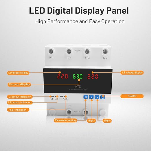 Automatic Transfer Switch, 63A 110V/220V Dual Power Selector for Generator & Backup Inverter, L1 Priority, DIN Rail Mount,ATS Adjustable Emergency Power Switch with Guide Rail(110V and 220V Available)