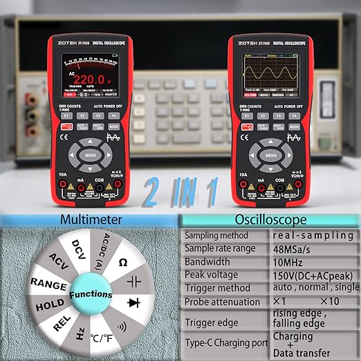 ZT-702S 2-in-1 Oscilloscope Multimeter with 2.8 Inch IPS Display,9999 Counts, Single Channel 10MHZ Bandwidth,48MSa/s High Real-time Sampling Rate,±400V Input Voltage,Measures Ohm-Volt-Tester