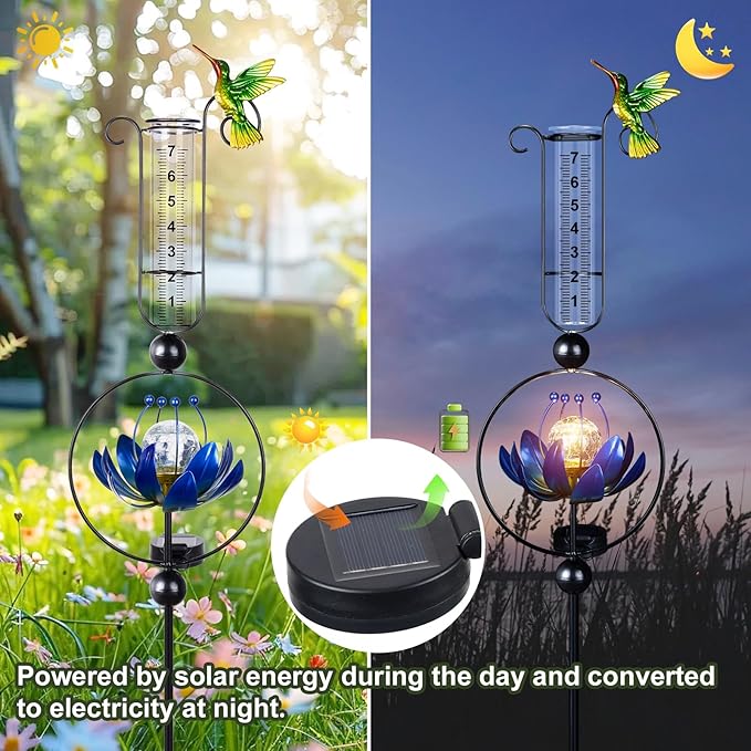 Rain Gauge Outdoor,42 Inch Solar Rain Gauges Decorative with Lotus Flower Spinner Light,Large Number Plastic Tube Rain Catcher Freeze Proof Hummingbird Water Gauge for Garden Yard Lawn