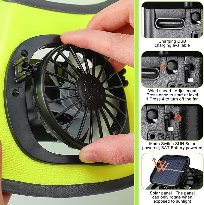 2 Pcs Sun Hat with Fan Solar&USB Powered for Men Women UPF 50+ UV Protection Wide Brim Safety Sun Hat for Out Work