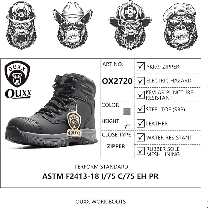 OUXX Work Boots for Men, Side Zipper Steel Toe Shoes, Water-Resistant, Non-Slip, Puncture-Proof(OX2720)