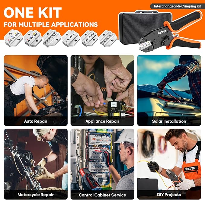 6PCS Wire Crimping Tool Set - Ratchet Wire Crimper Tool for Heat Shrink, Insulated Nylon, Non Insulated, Open Barrel, Ferrule, Solar Connectors