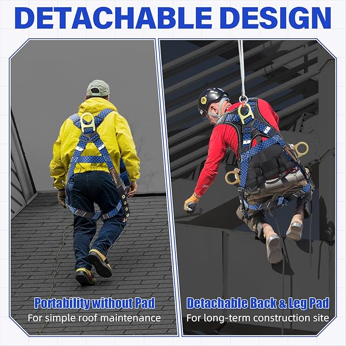 TRSMIMA Safety Harness Fall Protection - Datachable Pad Roofing Fall Arrest Safety Harness Construction Phone Pocket Reflective Strap Friendly Night Work ANSI