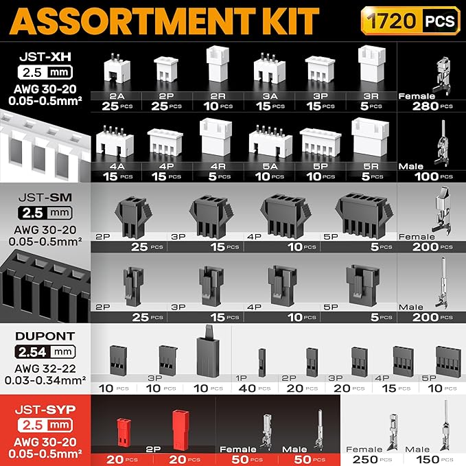 SOMELINE Crimping Tool Connector Kit, 37 Types JST-XH/SM/SYP 2.5mm & Dupont 2.54mm Connectors, 32-20 AWG Ratchet Crimper for JST & Dupont - Assortment for DIY Electronics, RC Models, and 3D Printing