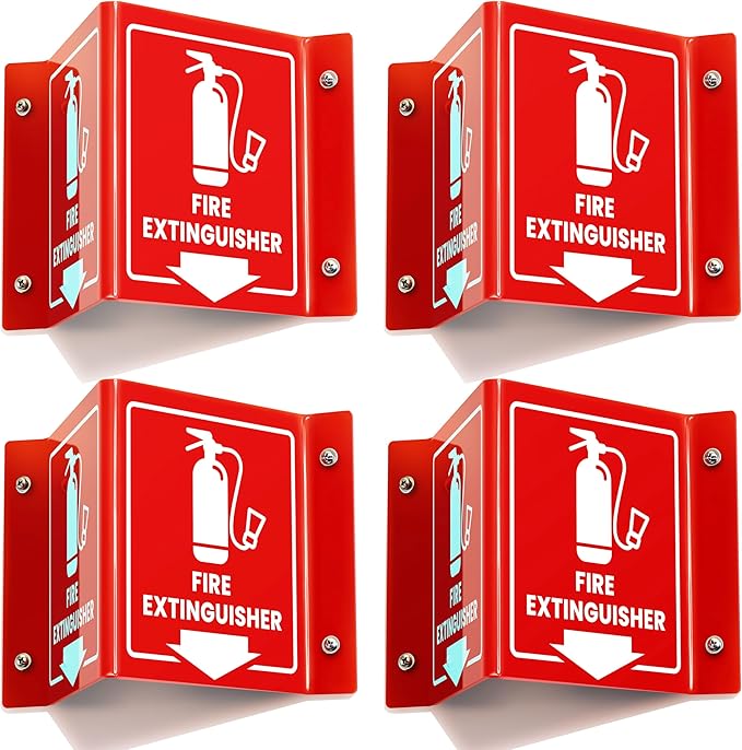 4 PC Fire Extinguisher Signs, 6 Inch Fire Extinguisher Two-Sided Acrylic Projecting V-Sign with Down Arrow, Including Screws