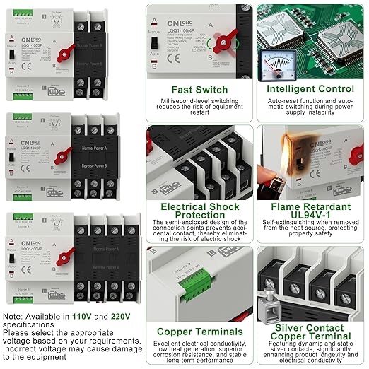 AC110V 100Amp Automatic/Manual Transfer Switch 4P 50/60Hz, 4Poles Mini ATS Auto Dual Power Switch Automatic Changeover Fast Transfer for Home Generator, Soalr, Rv and Lv Power