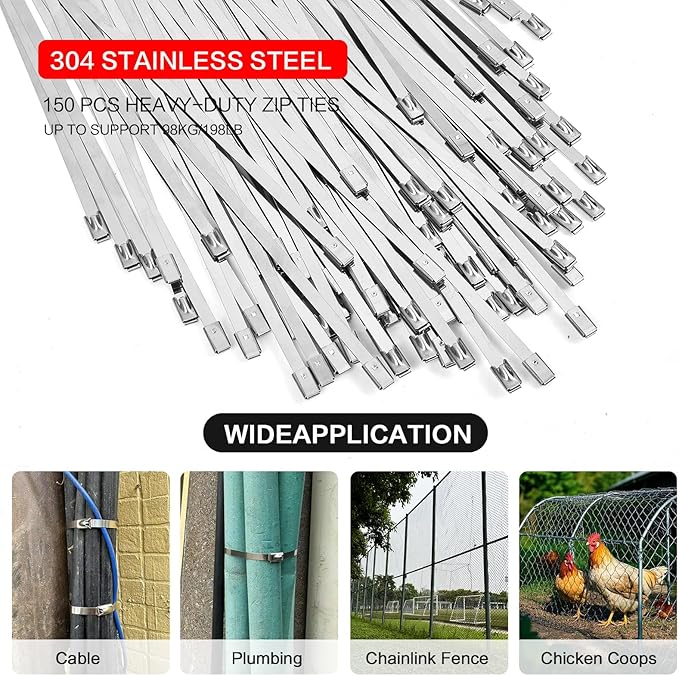 Metal Zip Ties 11.8 inch 100pcs 304 Stainless Steel Zip Ties Heavy Duty Multi-Purpose Self-Locking Cable Ties for Machinery, Vehicles, Exhaust Wrap, Farms, Pipes, Roofs, Cables, and Outdoor Fence