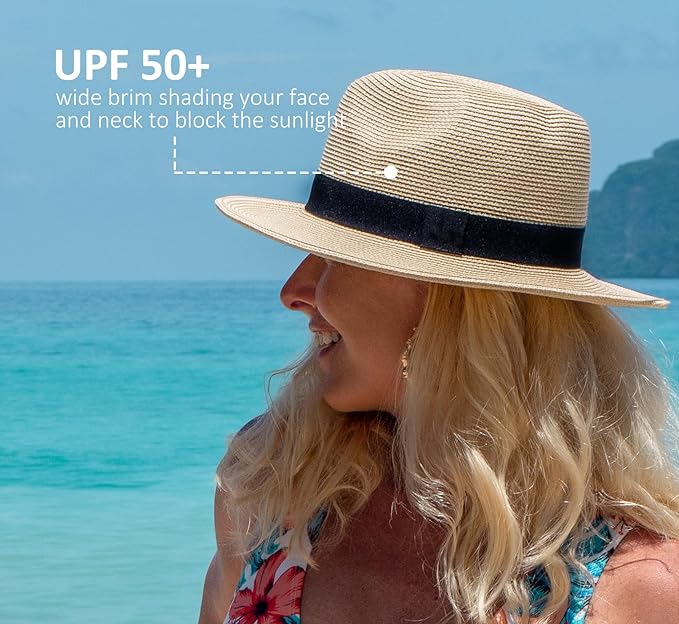 Joywant Womens Straw Fedora Beach Sun Hat, Packable Wide Brim Panama Hat for Women UV UPF50+ Summer Hat