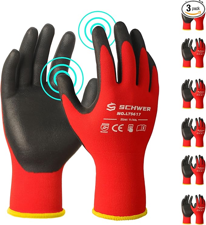 Schwer 12 Pairs Ultra-Comfort Safety Work Gloves MicroFoam Nitrile Coated, Seamless Knit Nylon Glove for Men and Women, Abrasion Resistant, Non Slip, Breathable, LT5617, XXL