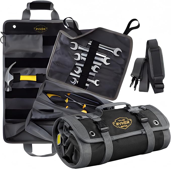 The Ryker Bag Black Pro Tool Roll – Heavy-Duty Canvas Roll-Up Tool Organizer w/detachable pouches for Bolts, Sockets & Small Power Tools for Electricians, Plumbers, HVAC Techs & DIY Professionals