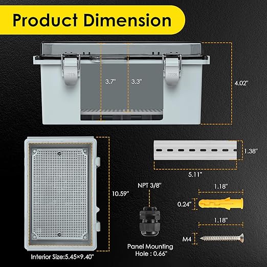 Waterproof Electrical Junction Box, IP67 ABS Plastic Junction Box Enclosure with Aluminum DIN Rail, Mounting Plate, Wall Brackets for WiFi Electronics Project, Clear (10.2''×6.3''×3.9'')