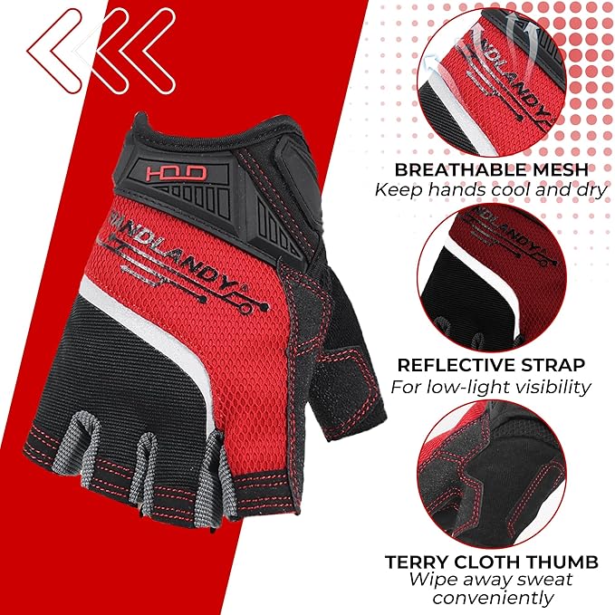 'HANDLANDY Fingerless Work Gloves for Men and Women Utility Padded Half Finger Driving Working Gloves (Small, Red)