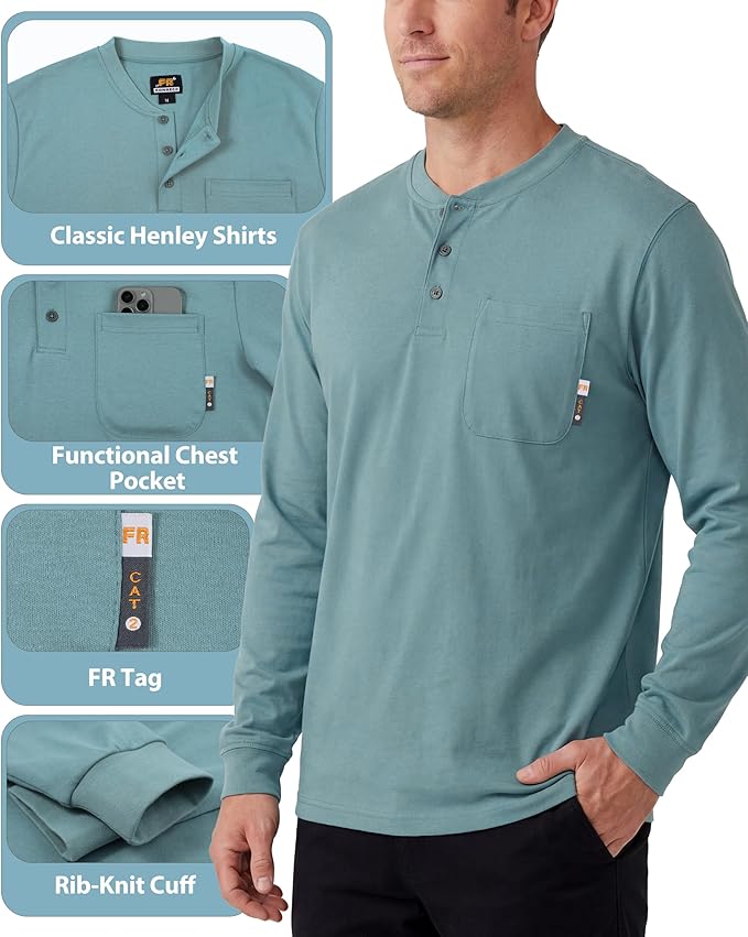 KONRECO FR Shirts for Summer Flame Resistant Shirt 5.5oz Light Weight CAT2 Henley Shirts