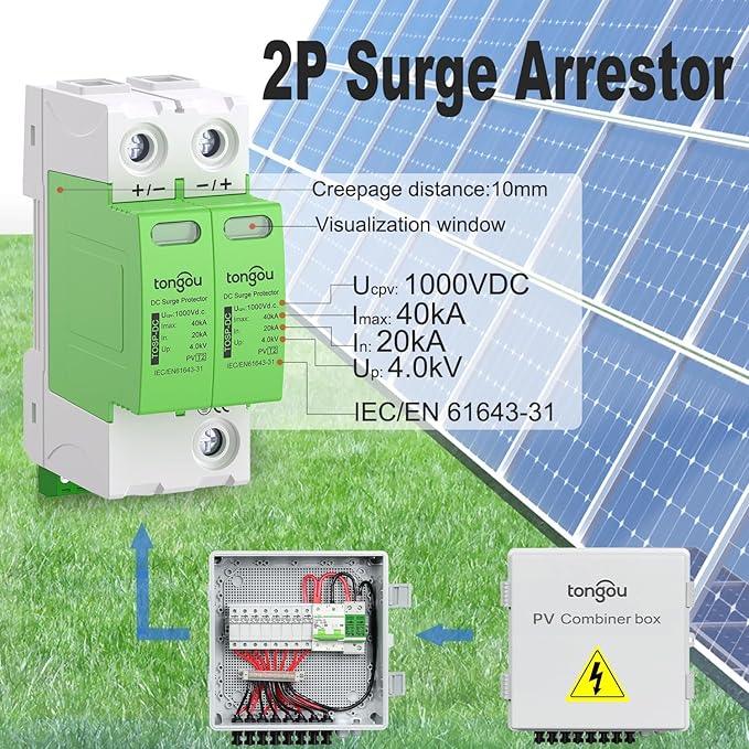 2P 40KA DC1000V Surge Arrestor, Protective Device Din-Rail Mount PV Solar System, DC Photovoltaic Lightning Protector Voltage Arrester4.0KV