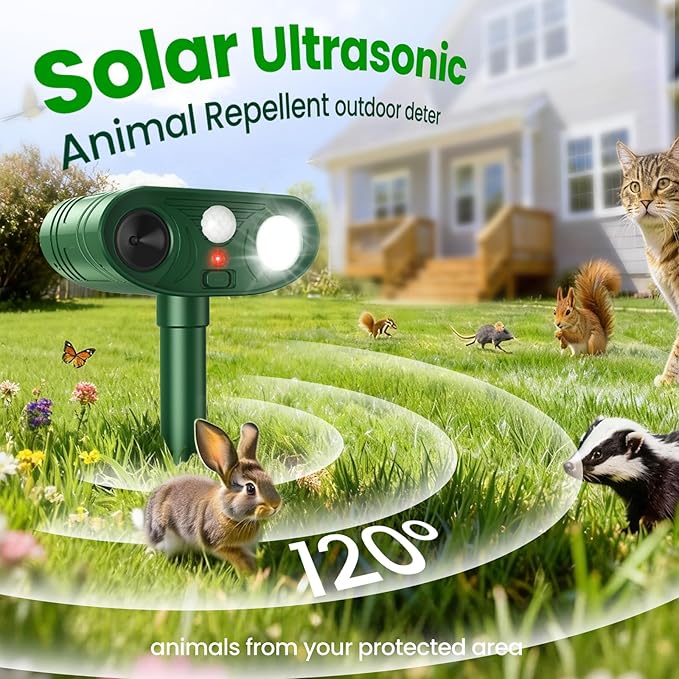 2026 Upgraded Ultrasonic Solar Animal Repellent Outdoor, Deer Repellent Devices Squirrel Cat Raccoon Rabbit Dog Deterrent with Motion Sensor Flash Light for Yard Garden Lawn-4 Pack
