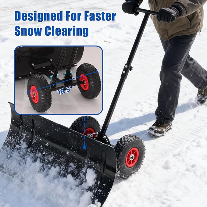 Snow Shovel with 2-Wheel,29in Heavy Duty Snow Plow Hand Pusher for Snow Removal,5 Adjustable Blade Angle & Height Ergonomic Handle,Efficient Clean Tool for Driveway Sidewalk and Pavement
