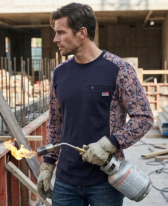 BOCOMAL FR Shirts Crewneck 5.5oz Lightweight Cotton Paisley Camo Two-Tone Flame Resistant Long Sleeve CAT2 Work Shirt