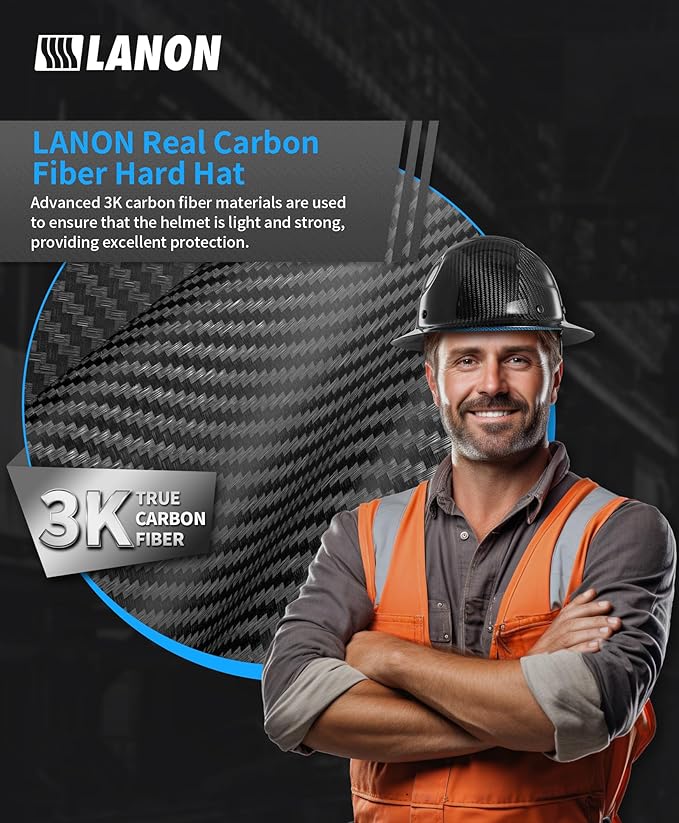 LANON Carbon Fiber Full Brim Hard Hat, OSHA Approved ANSI Z89.1 Hard Hats for Men, Construction Safety Helmet with Chin Strap, 6-Point Suspension, Classic Black Design, Class C