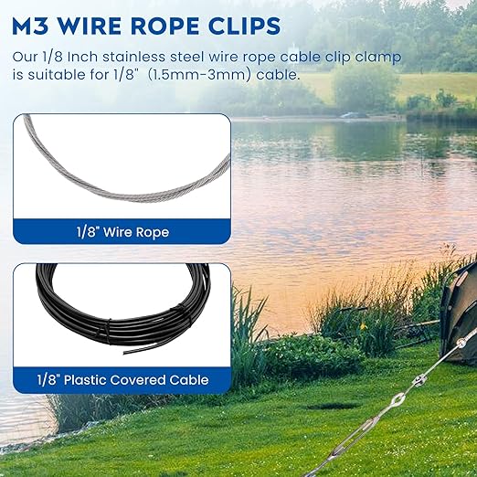 8PCS 1/8 Inches M3 304 Stainless Steel Wire Rope Cable Clip Clamp, Reusable Simplex Single Bolt Wire Rope Clips for 1/8Inch (1.5mm-3mm) Diameter Wire Cable/Wire Rope, Wire Clamp Tool for Outdoors