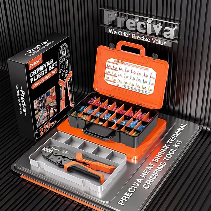 Preciva Wire Crimping Tool for Heat Shrink Connectors Kit, with 220PCS 26-10 AWG Heat Shrink Connectors,Ratcheting Crimper for Automotive, Electrical, Marine & Wiring Repairs