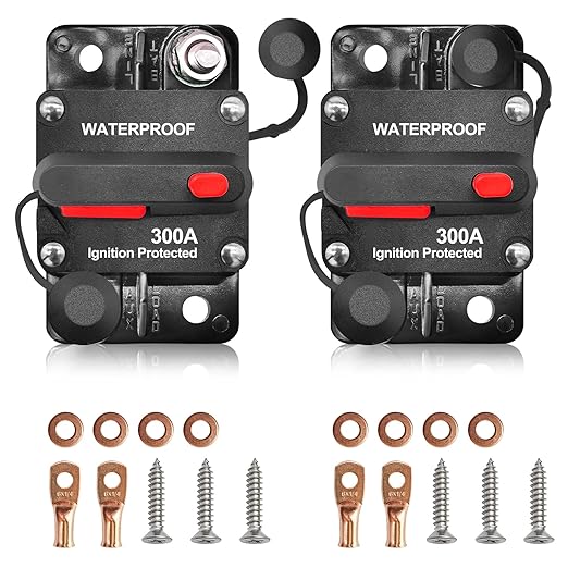 300Amp Circuit Breaker DC 12V-48V for Marine Boat Trolling Motor Automotive RV Trailer Car Solar System Battery Disconnect with Manual Reset Switch, IP67 Waterproof (Pack of 2)