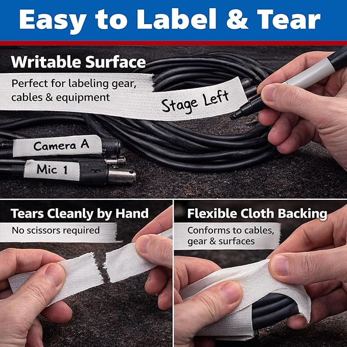 White Gaffer Tape 2 Inch x 30 Yards, Pro Grade Made in USA, Residue-Free Removal, Matte Non Reflective Cloth Tape, Writable Surface for Cable Labeling, Floor Tape for Stage & Studio