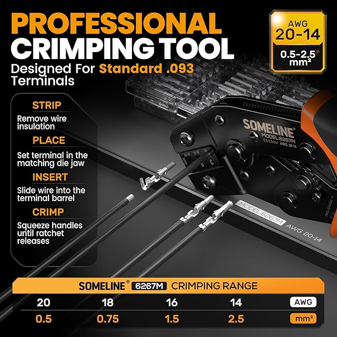 SOMELINE Standard .093" (2.36mm) Connector Crimping Tool Kit, 5.03mm Pitch Pin & Socket Housing (2-15 Pin), 20-14 AWG Terminals, Compatible with Molex .093 for Vintage Arcade, Pinball & PSU Repair