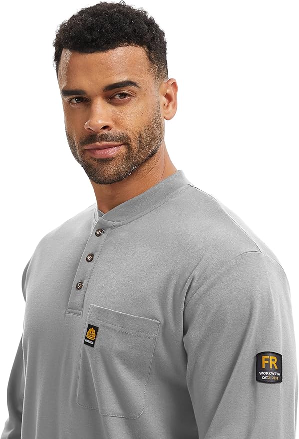 WORKWEYA 6.5oz Flame Resistant Henley Shirt 100% Cotton Lightweight FR Shirts for Men