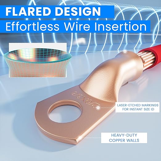 Heavy Duty 2/0 & 1/0 AWG Battery Lugs Kit - 3/8" & 5/16" Ring Terminals with Heat Shrink Tubing (16-Piece Set) - Pure Copper Cable Ends for Automotive, Marine, Solar Power Connections
